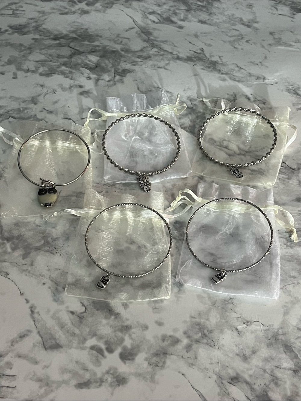 NEW Lot of 5 Women’s Owl Charm Bangle Bracelets + Gift Pouches